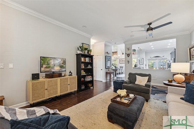 living room with ceiling fan, ornamental molding, and dark wood-type flooring