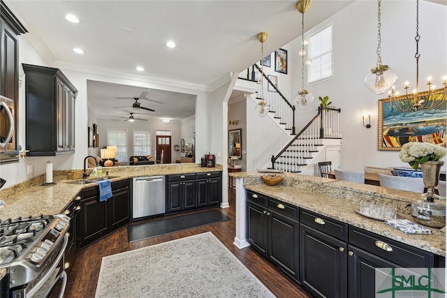 kitchen with ceiling fan with notable chandelier, stainless steel appliances, crown molding, decorative light fixtures, and dark hardwood / wood-style floors