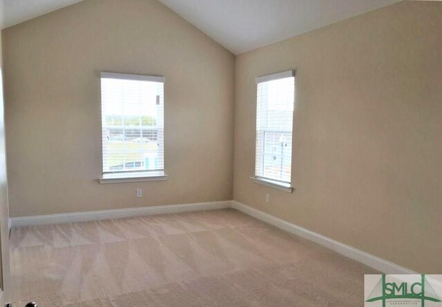 carpeted empty room with lofted ceiling and a wealth of natural light