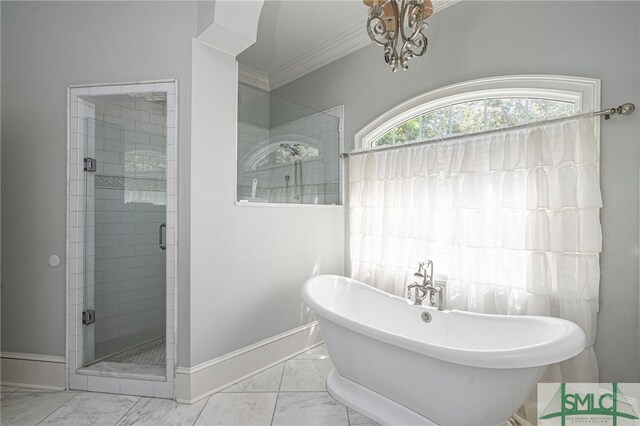 bathroom featuring ornamental molding and plus walk in shower