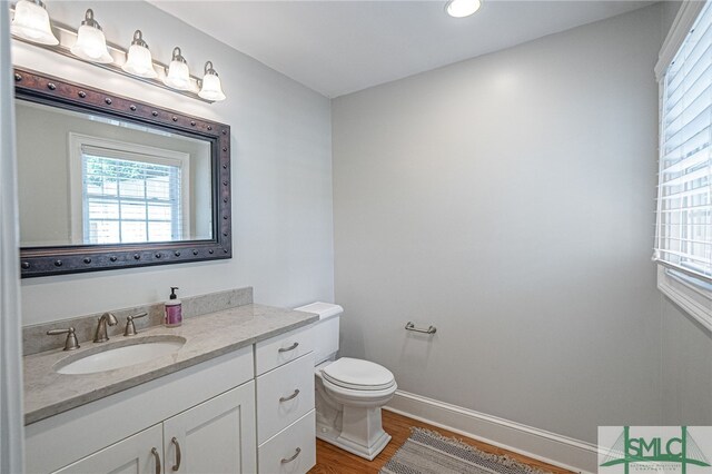 bathroom featuring wood-type flooring, toilet, and vanity