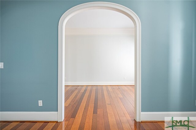 hallway with ornamental molding and wood-type flooring