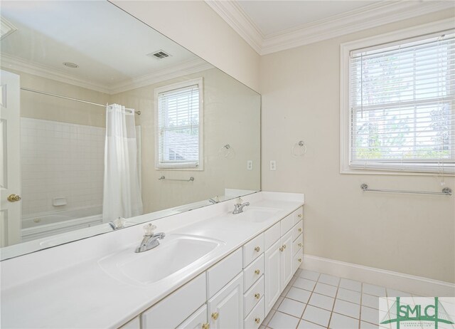 bathroom featuring shower / bath combination with curtain, plenty of natural light, and vanity