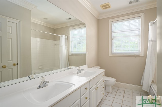 full bathroom with vanity, toilet, a healthy amount of sunlight, and shower / bath combination with curtain