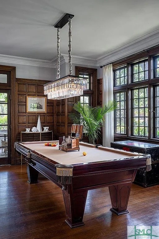 playroom featuring a healthy amount of sunlight, pool table, and dark wood-type flooring