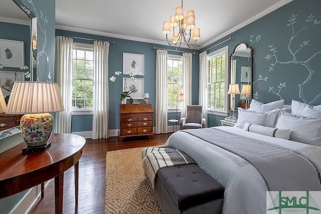 bedroom featuring multiple windows, dark hardwood / wood-style floors, and crown molding