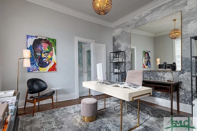 office featuring dark hardwood / wood-style flooring and crown molding