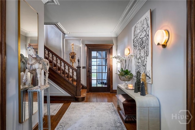 56 E 54th St, Savannah, GA 31405 - entryway with stairway, wood finished floors, and crown molding