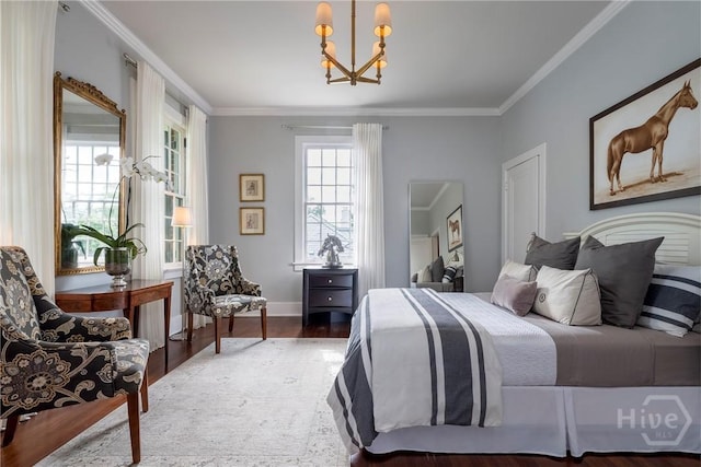 56 E 54th St, Savannah, GA 31405 - bedroom featuring a chandelier, wood finished floors, and crown molding