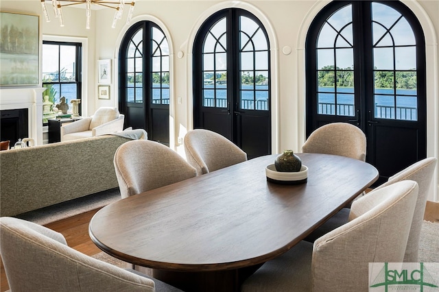 dining space featuring hardwood / wood-style flooring, plenty of natural light, and french doors