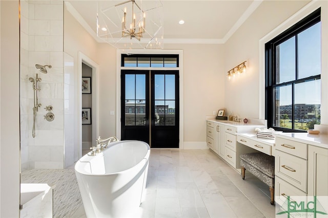 bathroom with crown molding, vanity, independent shower and bath, and a notable chandelier