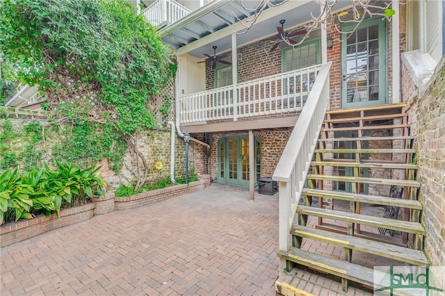 115 W Gordon St, Savannah, GA 31401 - view of patio / terrace featuring french doors, ceiling fan, and stairs