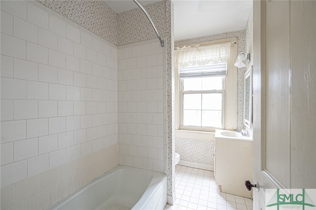 115 W Gordon St, Savannah, GA 31401 - full bathroom featuring toilet, wallpapered walls, vanity, shower / washtub combination, and tile patterned floors