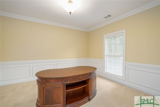 unfurnished office featuring light colored carpet and ornamental molding