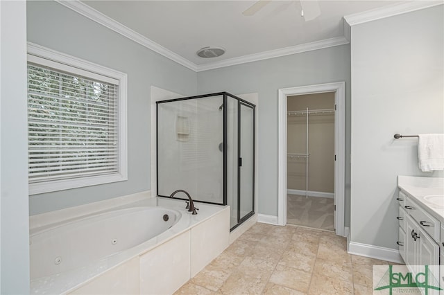 bathroom featuring vanity, ceiling fan, crown molding, and plus walk in shower