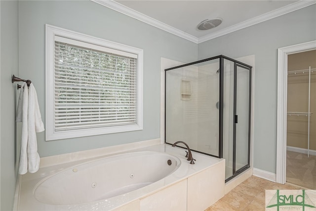 bathroom with tile patterned floors, separate shower and tub, and crown molding