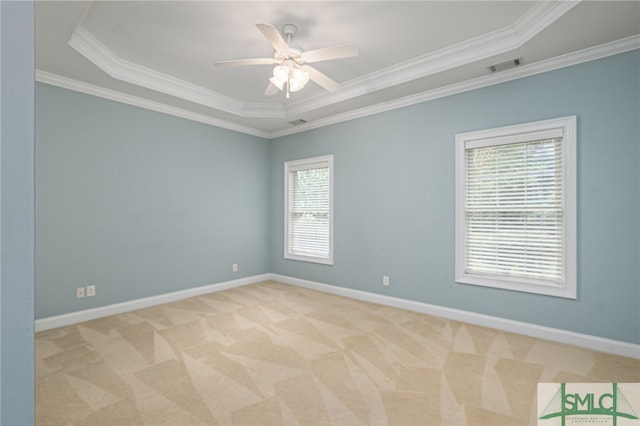 empty room with a tray ceiling, crown molding, and light colored carpet