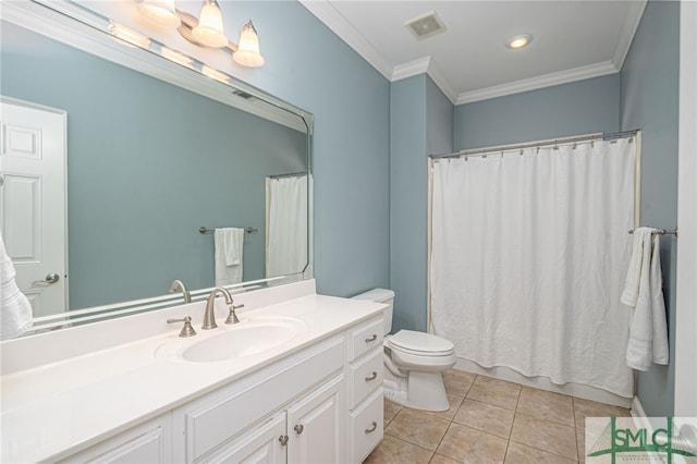 full bathroom with tile patterned flooring, crown molding, toilet, vanity, and shower / tub combo