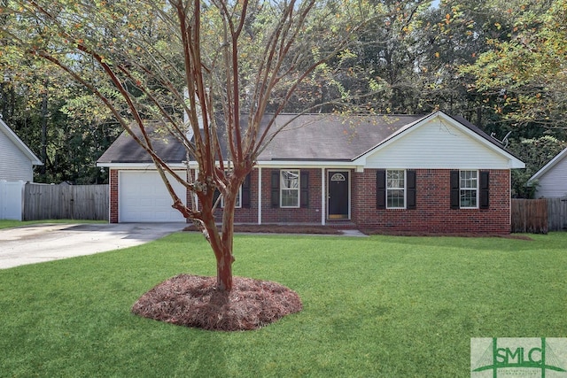 ranch-style house featuring a front yard and a garage