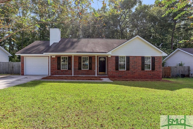 single story home featuring a porch, a front yard, and a garage