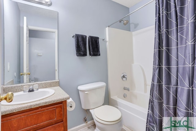 full bathroom with shower / tub combo with curtain, vanity, a textured ceiling, and toilet