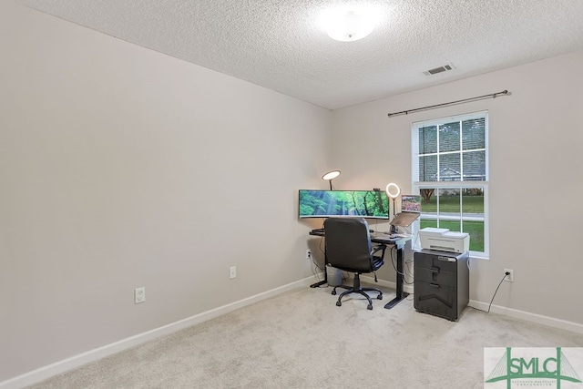 carpeted office space with a textured ceiling