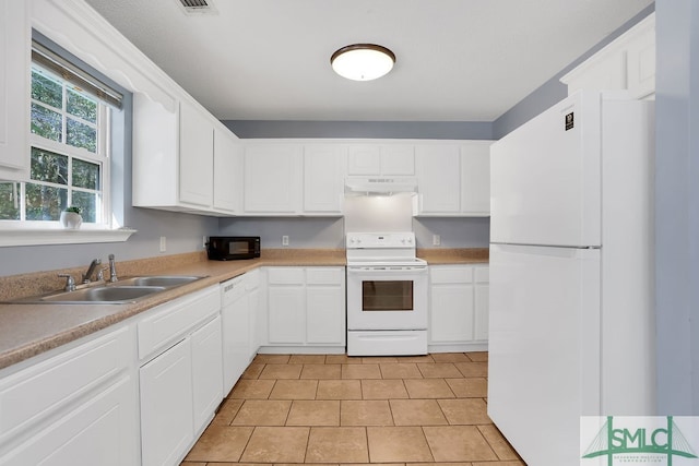 kitchen with white cabinetry, sink, light tile patterned floors, and white appliances