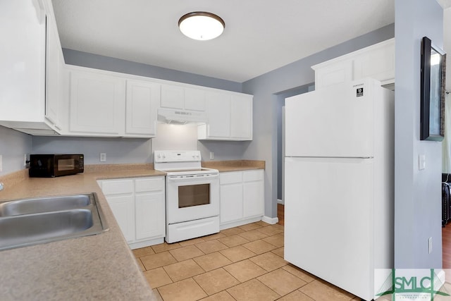 kitchen with white cabinets, white appliances, and sink