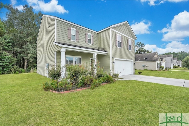 view of front of property featuring a front lawn and a garage