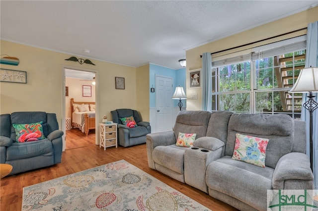 living room with light hardwood / wood-style flooring, a textured ceiling, and crown molding