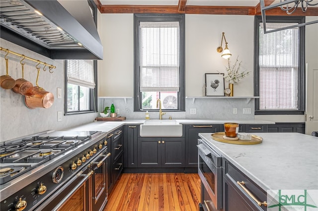 kitchen with appliances with stainless steel finishes, light hardwood / wood-style floors, tasteful backsplash, sink, and wall chimney range hood