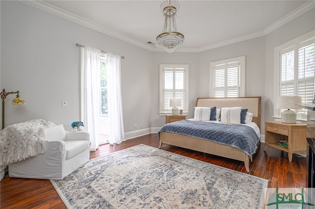 bedroom with ornamental molding, dark hardwood / wood-style flooring, and multiple windows