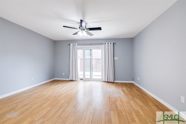 unfurnished room with light hardwood / wood-style flooring and ceiling fan