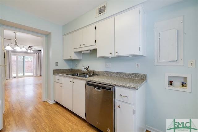 kitchen with white cabinetry, dishwasher, light hardwood / wood-style flooring, decorative light fixtures, and sink