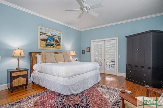 bedroom featuring ornamental molding, wood-type flooring, ceiling fan, and access to outside