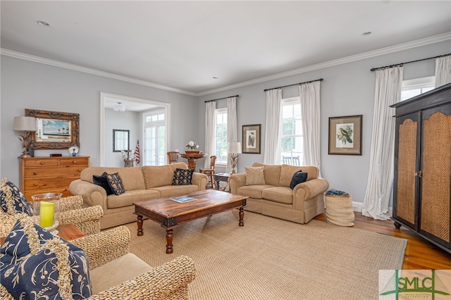 living room with crown molding, light hardwood / wood-style flooring, and plenty of natural light