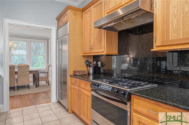 kitchen featuring appliances with stainless steel finishes, ventilation hood, light wood-type flooring, dark stone counters, and ornamental molding