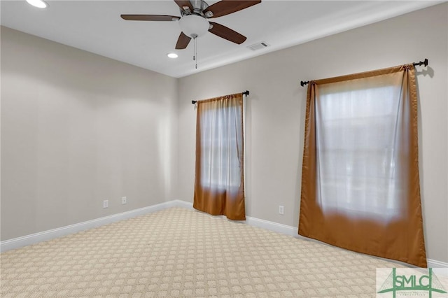 173 Trail Rd S, Midway, GA 31320 - carpeted empty room with recessed lighting, visible vents, baseboards, and ceiling fan