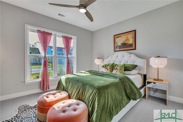 bedroom featuring ceiling fan and carpet flooring