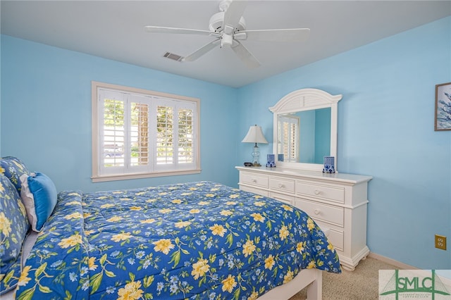 carpeted bedroom featuring ceiling fan