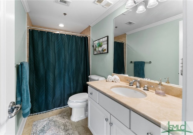 bathroom with ornamental molding, tile patterned flooring, vanity, and toilet