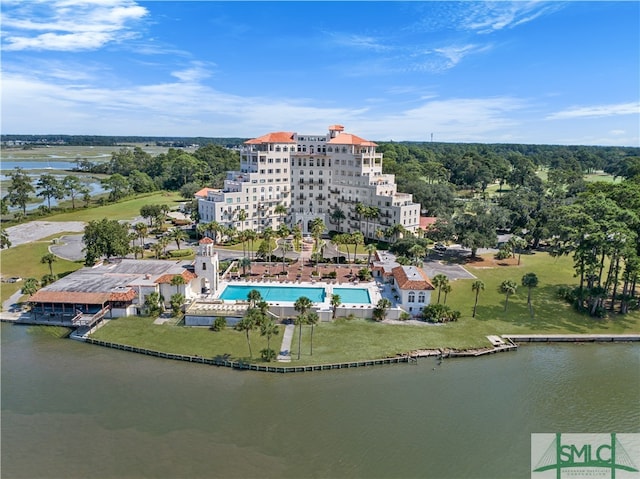 birds eye view of property featuring a water view