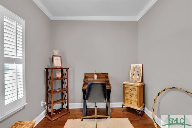 living area with crown molding and wood-type flooring