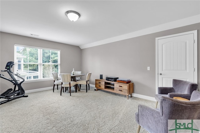 office featuring carpet flooring and vaulted ceiling