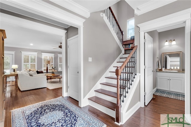 stairway featuring ceiling fan, ornamental molding, hardwood / wood-style floors, and a wealth of natural light