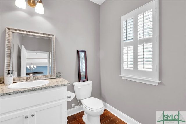 bathroom with vanity, hardwood / wood-style floors, and toilet