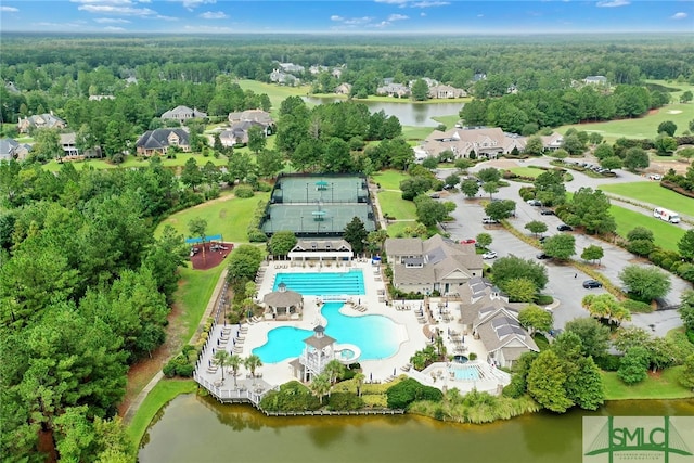 bird's eye view with a water view