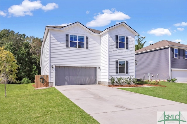 view of front of home with a front yard and a garage