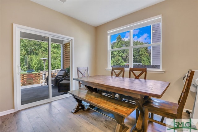 dining space with hardwood / wood-style floors and a healthy amount of sunlight