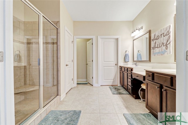 bathroom with vanity, tile patterned flooring, and a shower with door